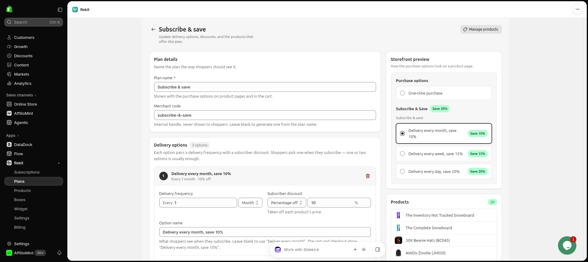 Rekit plan editor with plan name, delivery options and a storefront preview of the purchase options