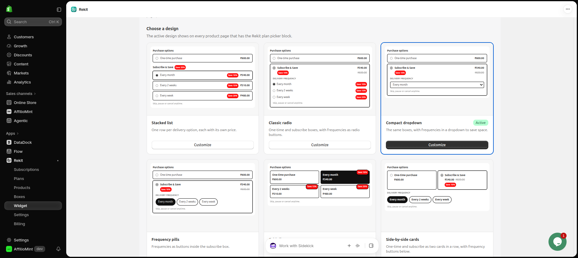 Widget designs to choose from, including Stacked list, Classic radio, Compact dropdown, Frequency pills and Side-by-side cards
