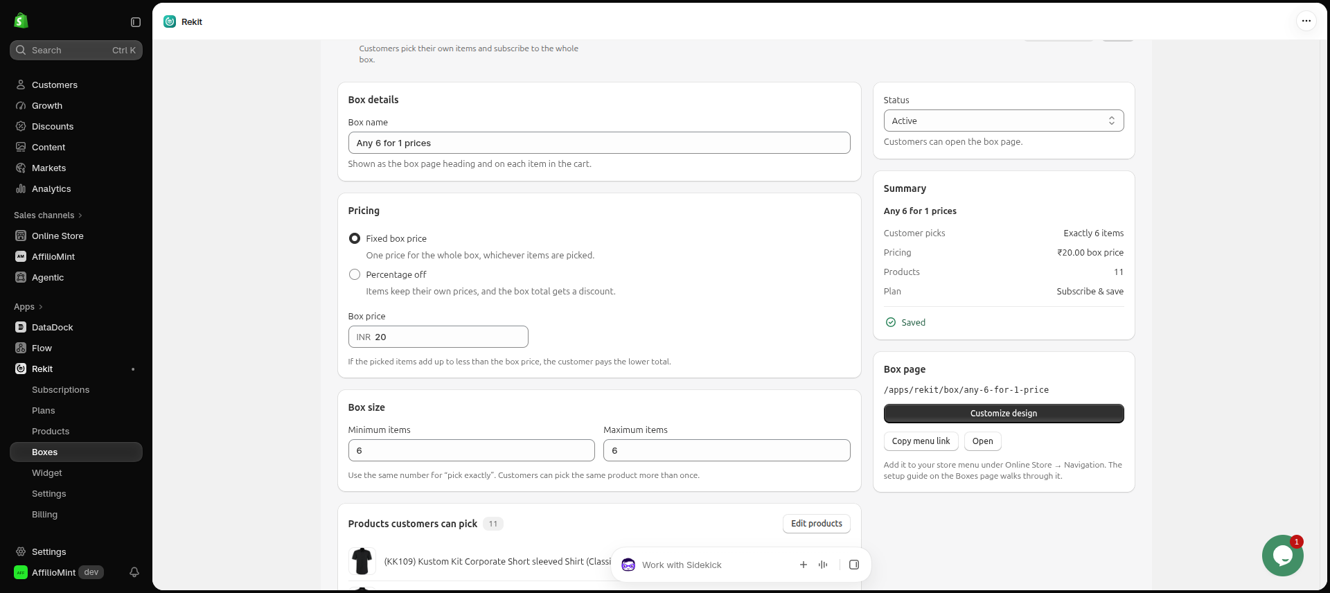 Box settings with name, fixed box price, box size and products customers can pick