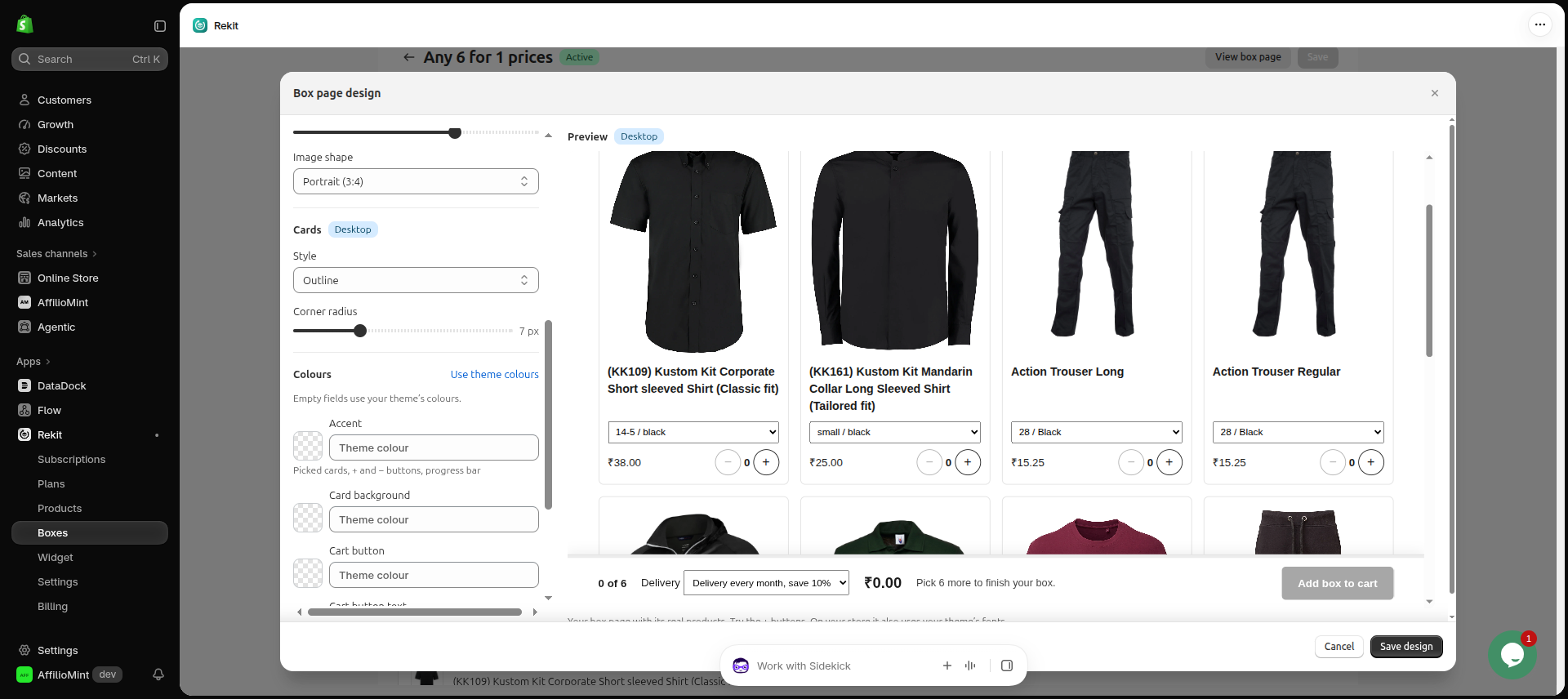 Box page design editor with card and colour settings next to a preview
