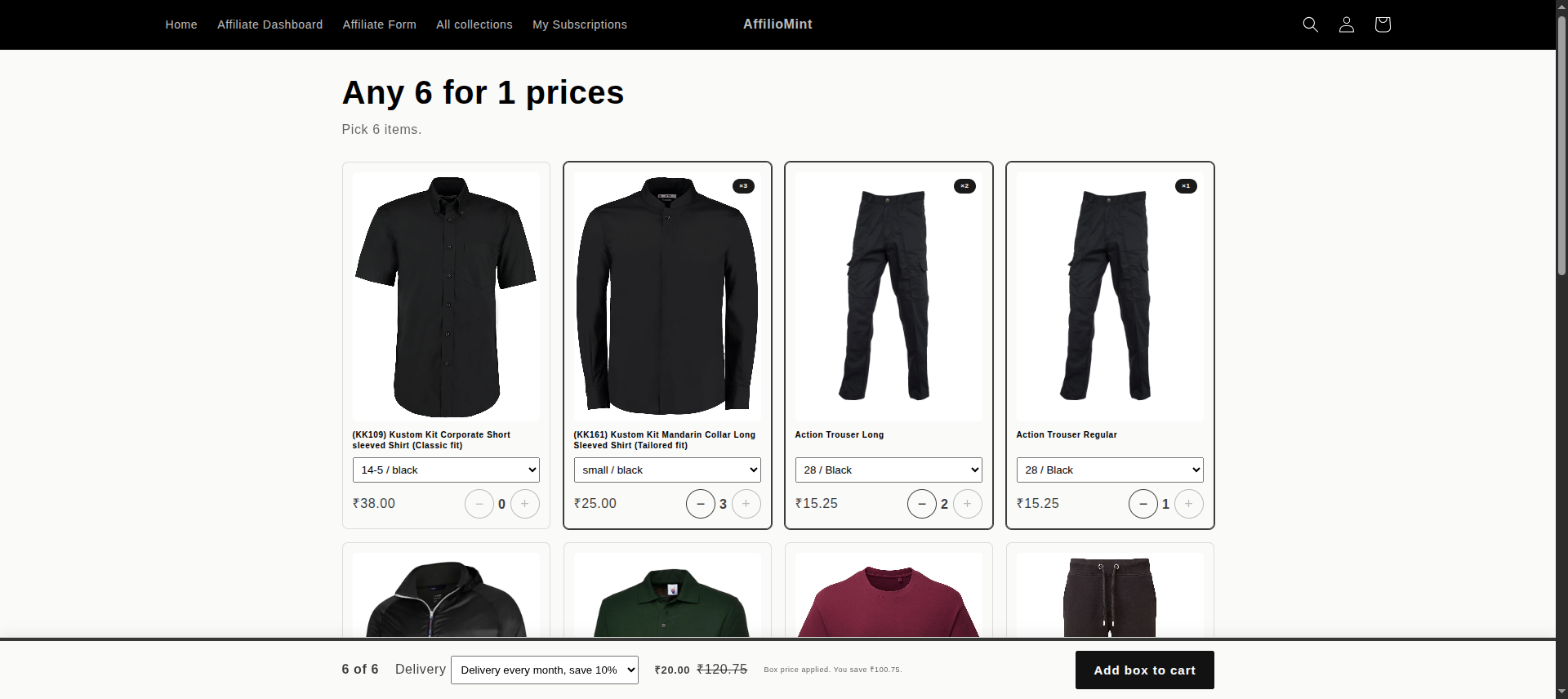 Storefront box page where the customer has picked 6 items and sees the box price and their saving