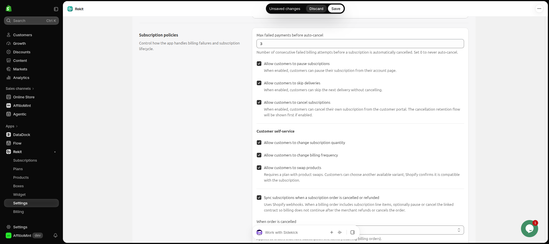 Subscription policy settings: failed payment limit, pause, skip, cancel and self-service options