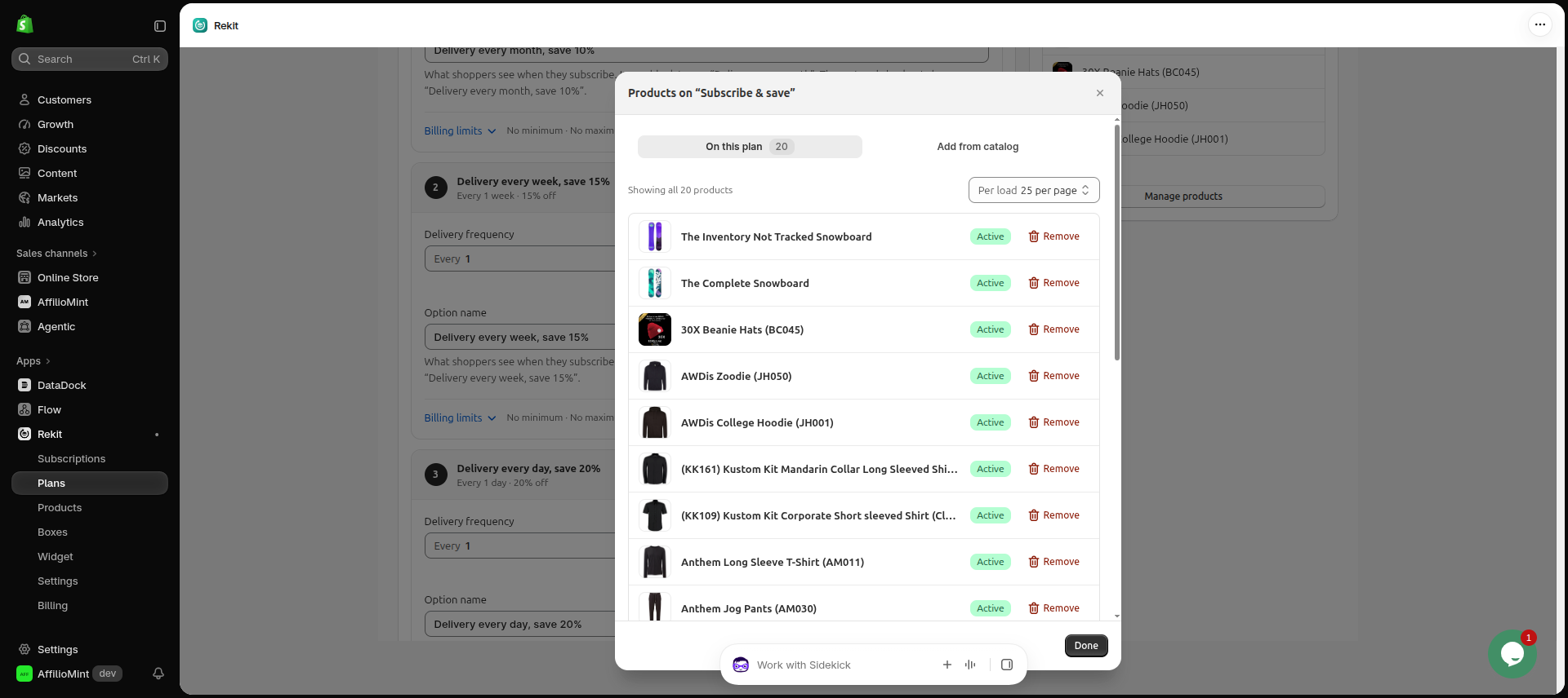 List of products on the Subscribe and save plan, with a Remove button for each