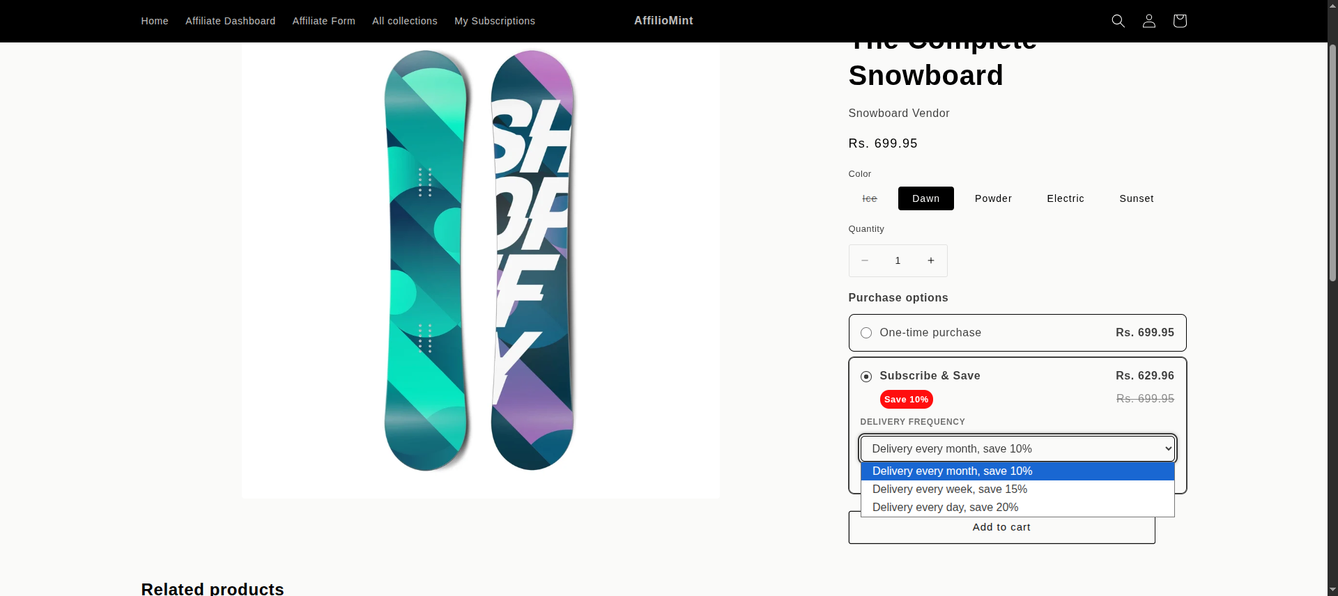 Product page with One-time purchase and Subscribe and Save options, showing a 10% saving and a delivery frequency dropdown