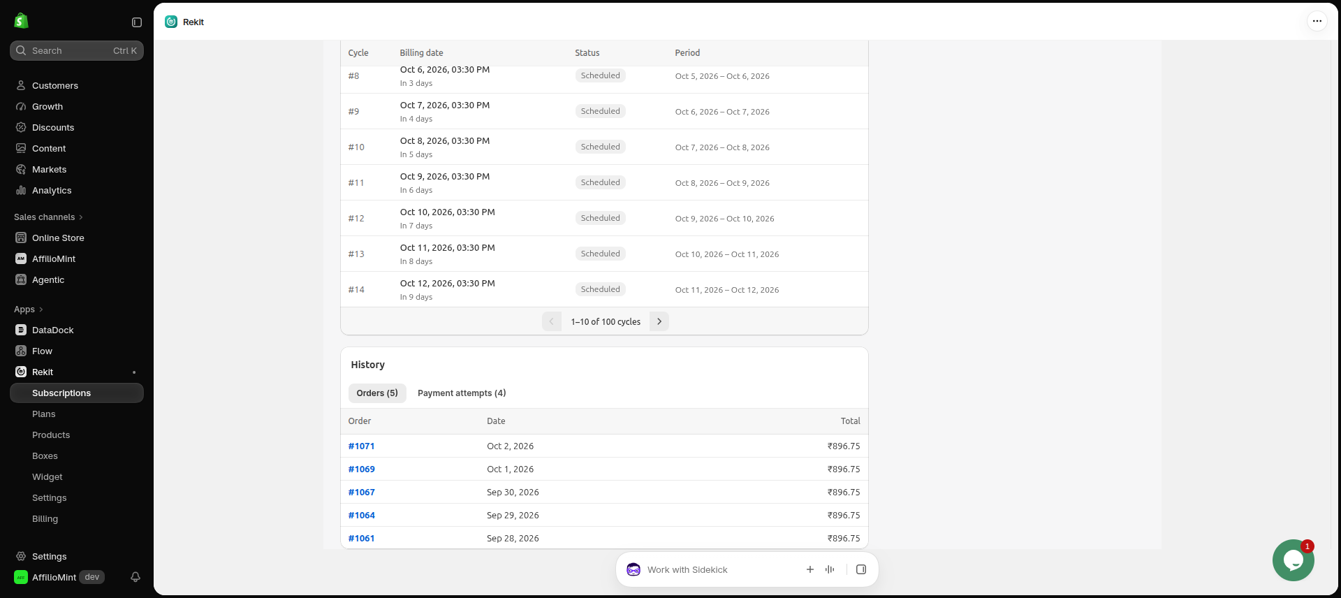 Upcoming billing dates and a history of past orders for a subscription