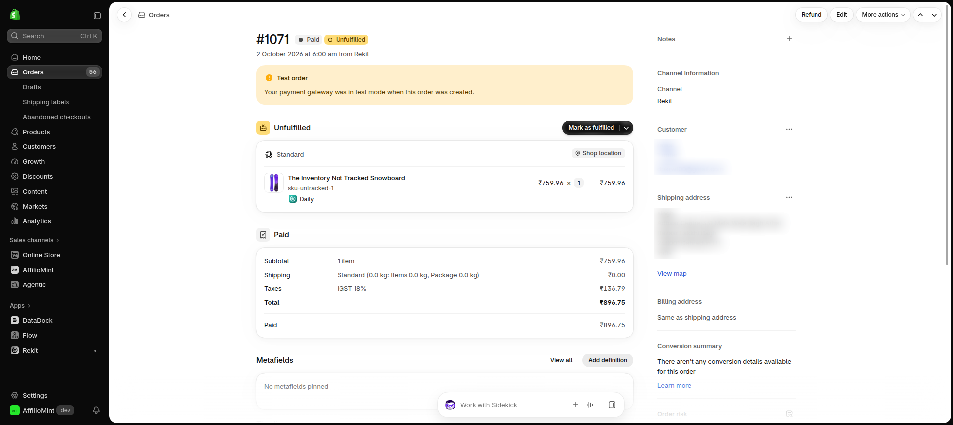 Shopify order created by Rekit, with the Daily plan shown under the product
