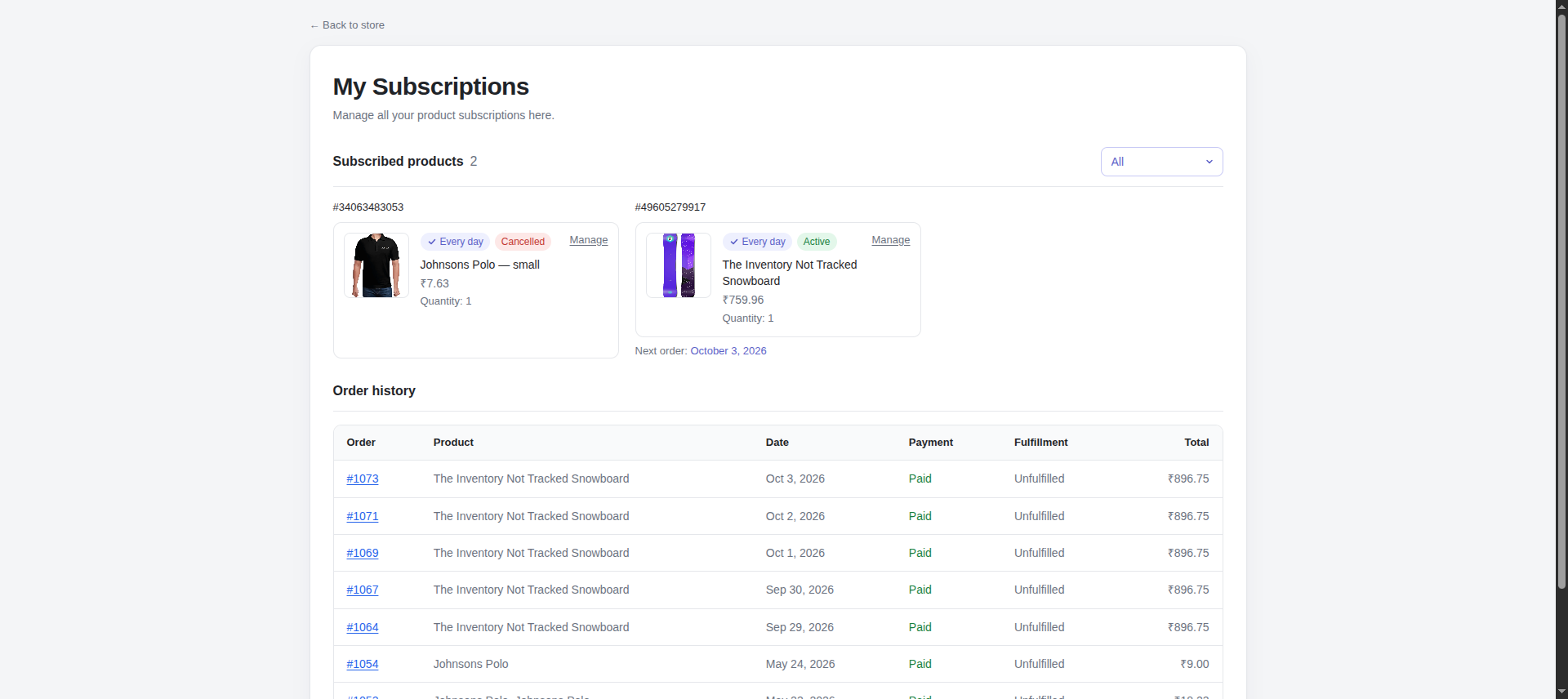 My Subscriptions page listing a customer's subscriptions and order history