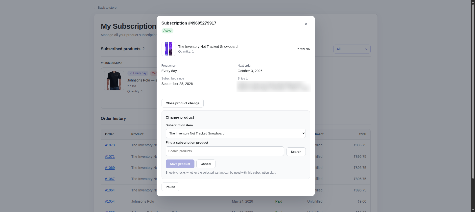 Subscription window where the customer can change the product or pause