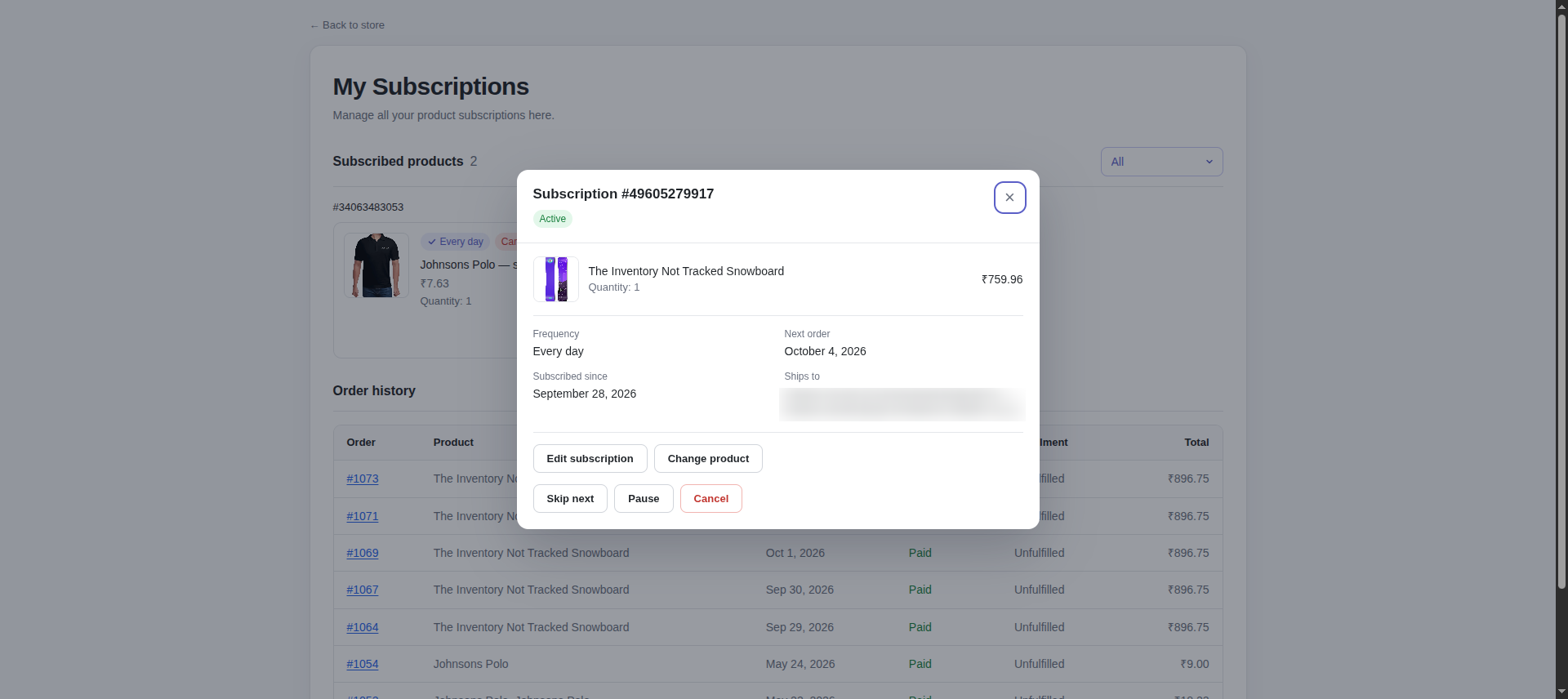 Customer's subscription window with Edit subscription, Change product, Skip next, Pause and Cancel buttons