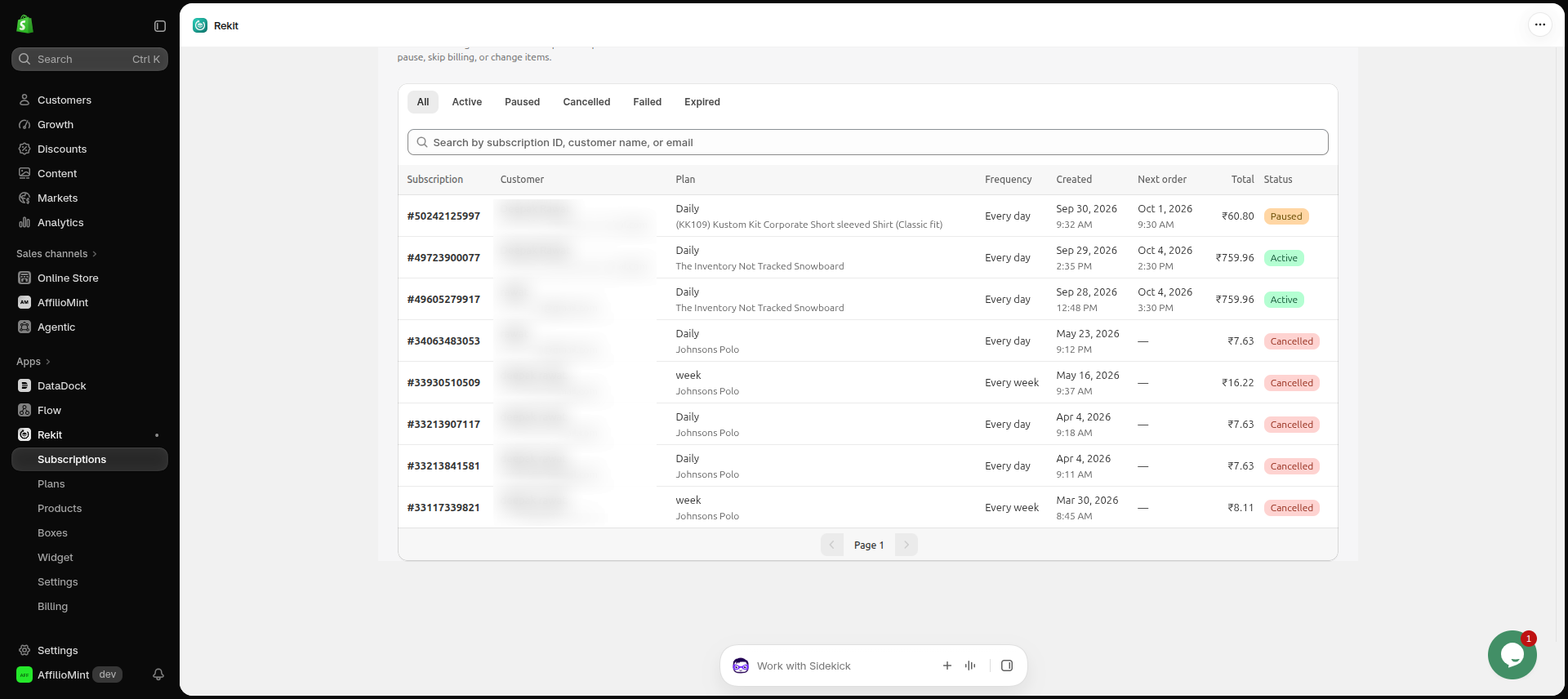 List of all subscriptions with filters for active, paused, cancelled and failed, plus a search box